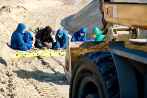 Activists sitting in the sand blocking a bulldozer