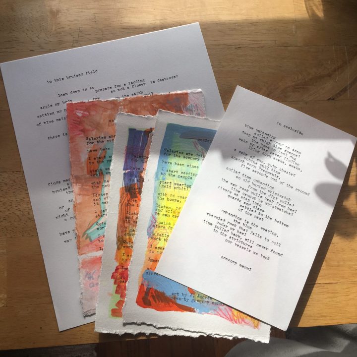 Thumbnail of a pile of poems typed on paper sitting on a desk in the sunshine